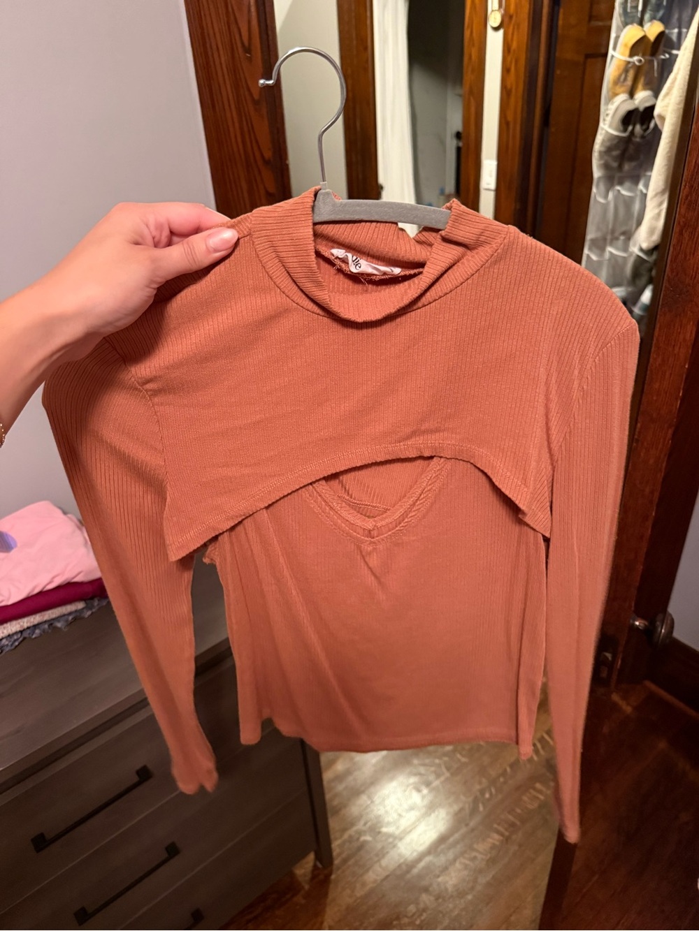 Ribbed Layered Long-Sleeve Top - Terracotta